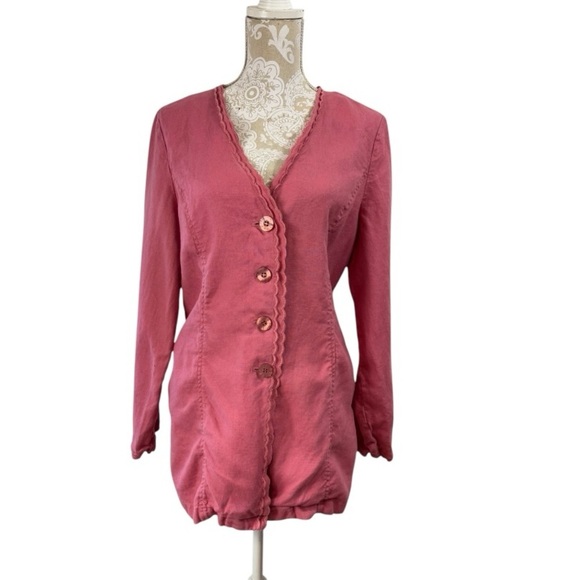 Vintage J Jill Size Medium Pink Thick Linen Button Jacket V-Neck Scalloped Trim - Picture 2 of 8